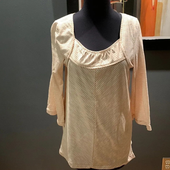Suzanne Betro Tops - Weekend Suzanne Betro gold/ white stripe seam detail gathered square neck tunic